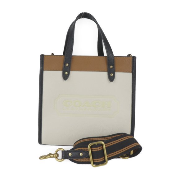 COACH Field Tote Handbag C3461 Leather Chalk Brown Black Shoulder Bag - Picture 1 of 10